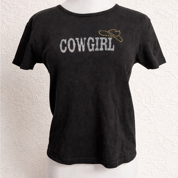 Tops - Y2K Cowgirl Graphic Baby Tee • Black Western Top • Early 2000s Aesthetic M